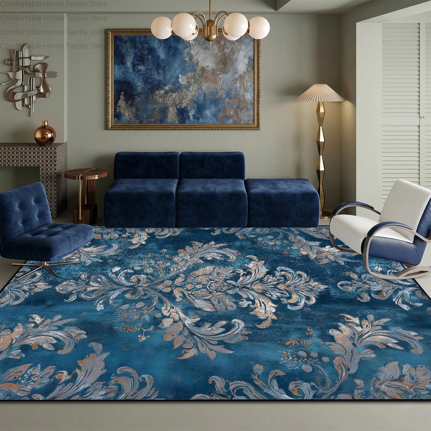 Blue Background Damascus Style Living Room Carpet Decoration Bedroom Non-slip Soft Rug Large Area Washable Fluffy Big Floor Mats