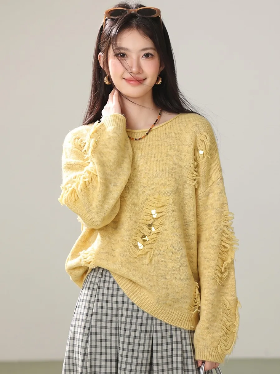Ladies' Soft Tassel Knitted Long Sleeve Loose Lazy Neck T-Shirt Purple Hollow out Texture Casual Wear Daily Comfortable Breat...
