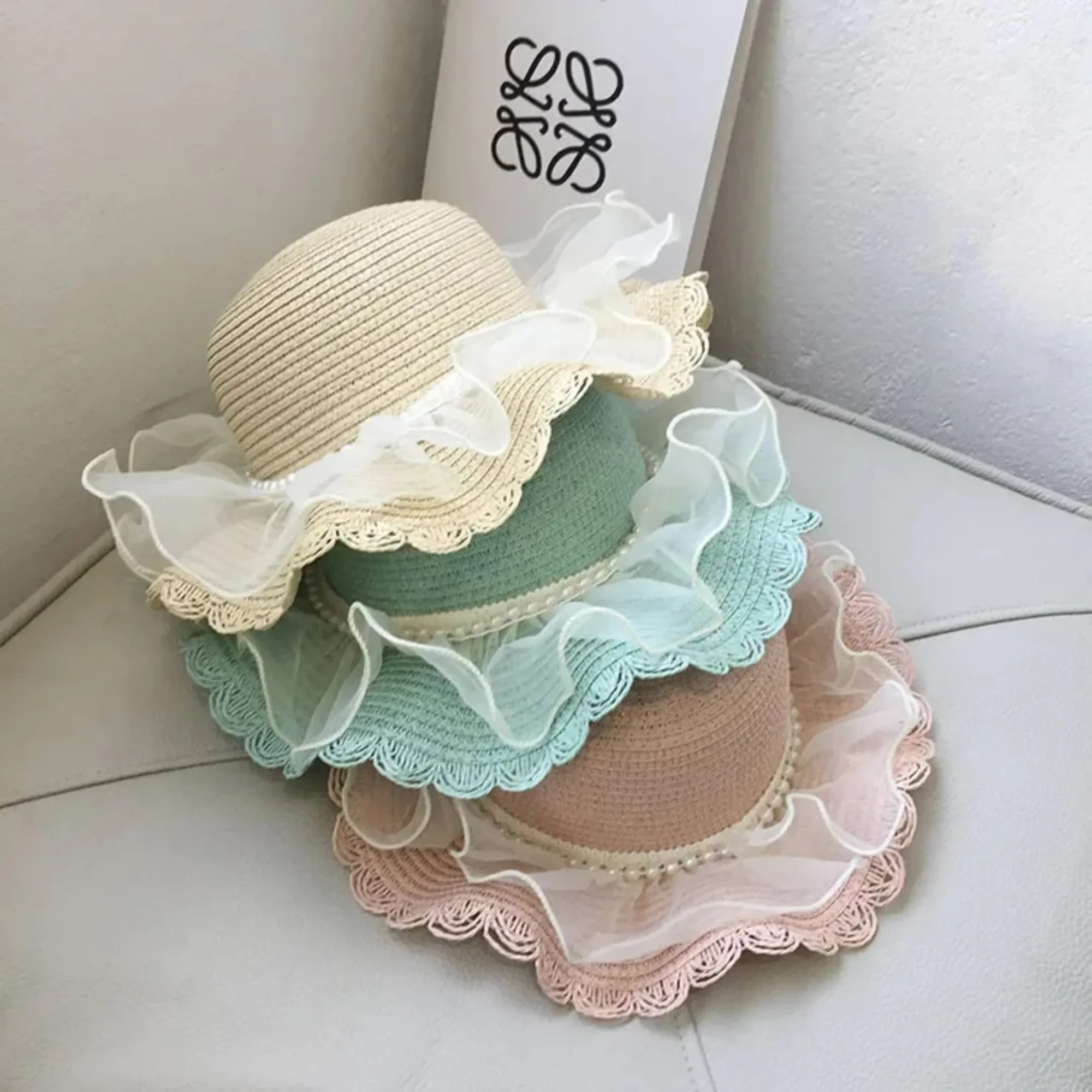 

Fashion Baby Petal Brim Straw Woven Hat Sun Protection Lace Cap Kids Girls Princess Collapsible Beach Cute Infant Bucket Hats