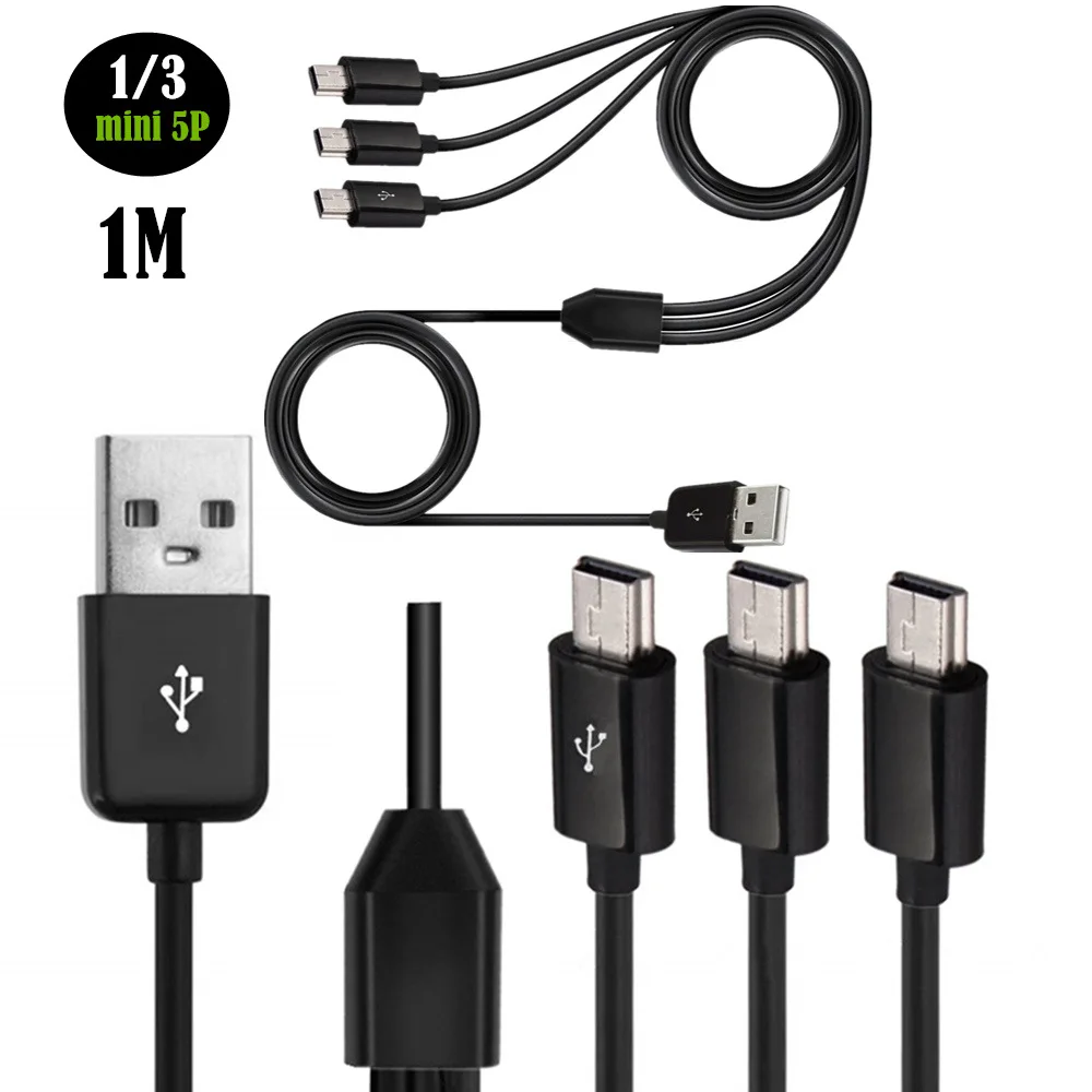 

3 in 1 USB 2.0 A male to 3 port Mini 5 pin data SYNC charging cable 1m