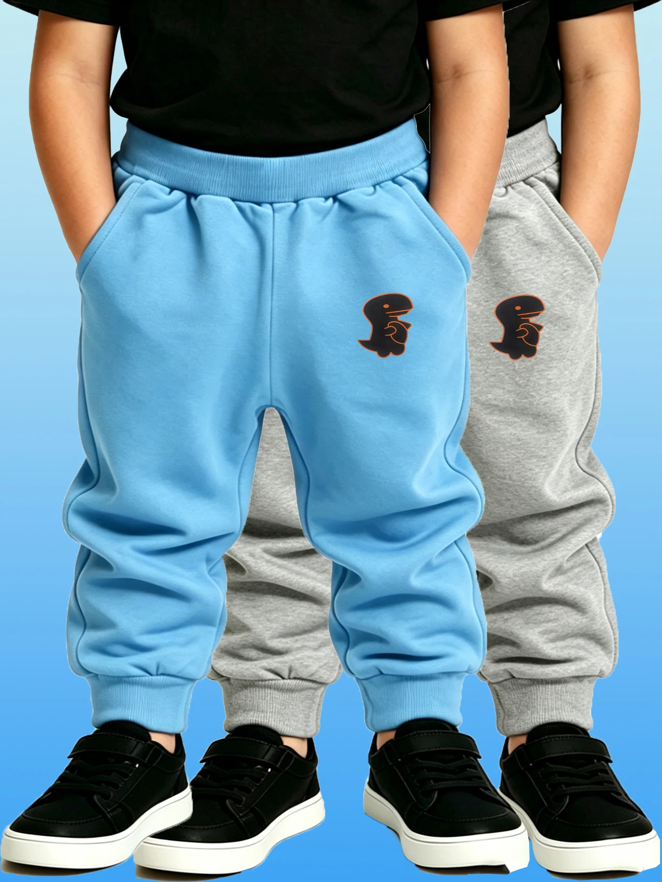 2PCS SkyBlue & Gray Boys Polyester Knit Sweatpants Dinosaur Print Elastic Waist Jogger Pants Kids Casual Sports Trousers Pockets