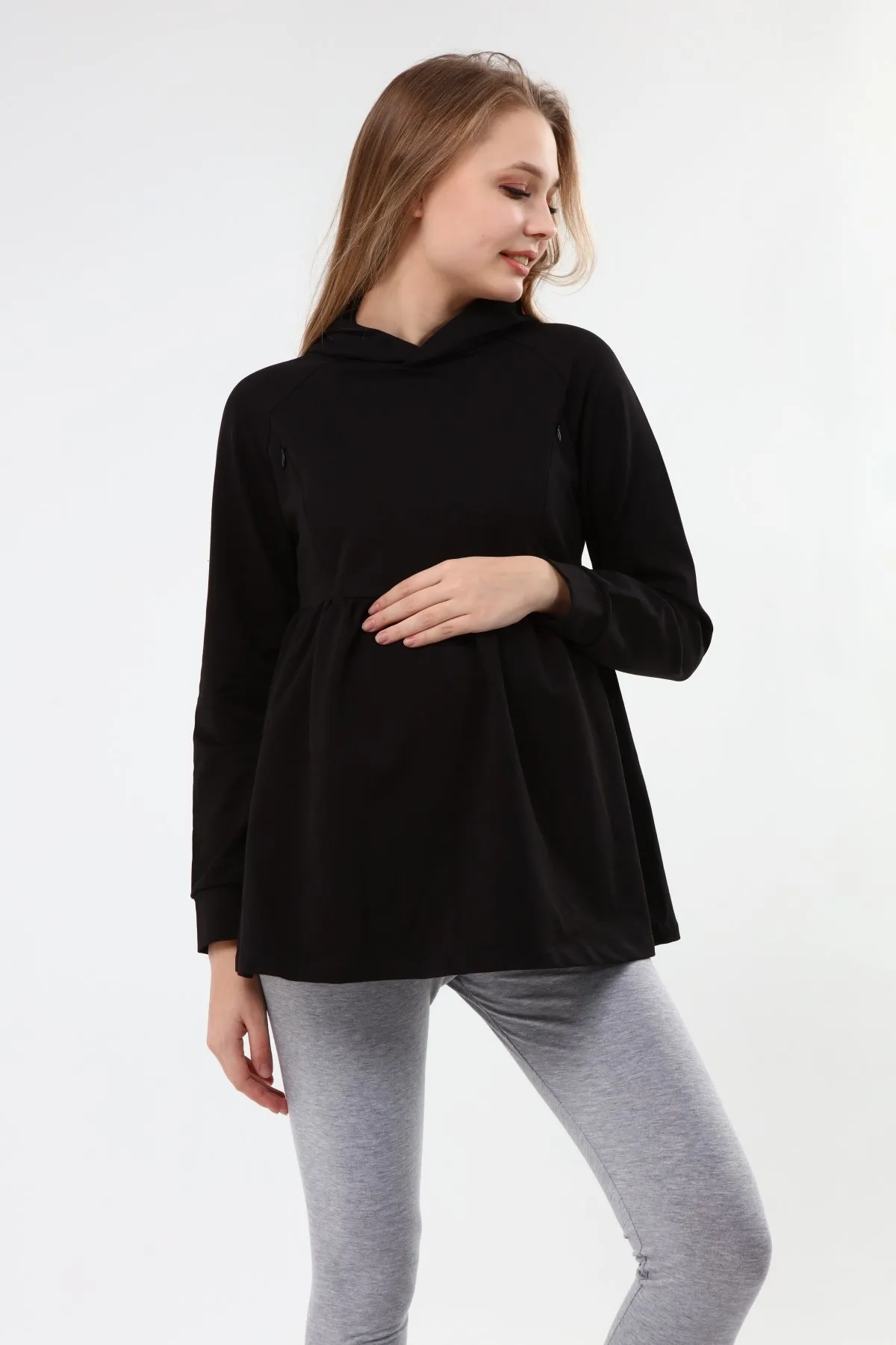 Luvmabelly MYRA4531 Geraffte Reißverschluss Stillen Sweatshirt-Schwarz