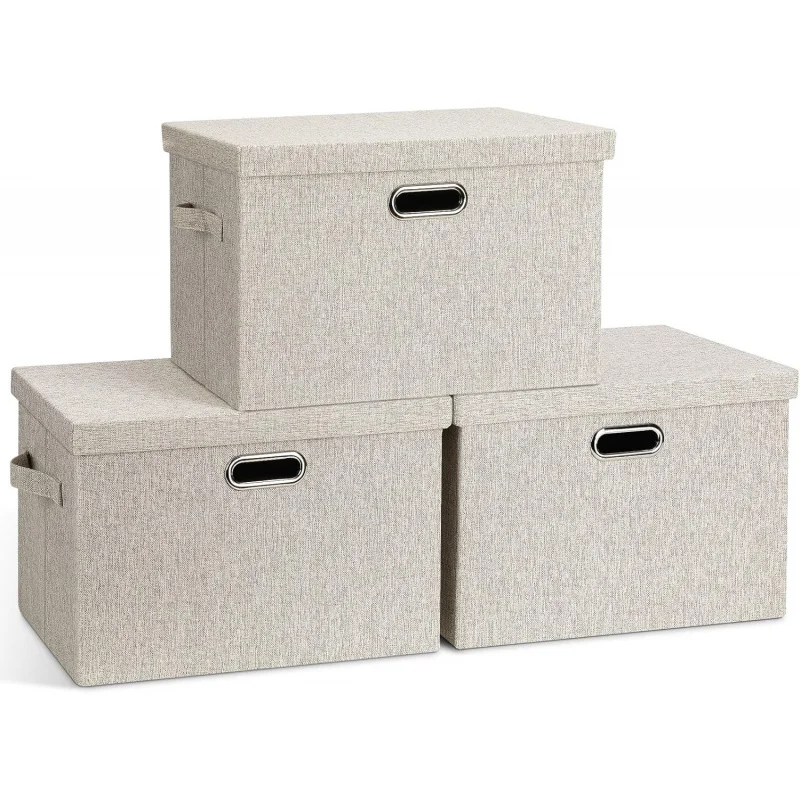 

3-Pack Beige Linen Collapsible Storage Bins with Lids - Large Stackable Cube Organizers for Bedroom, Office & Closet (16.6x11.7x