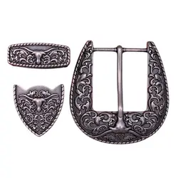 Heavy Strong Antique Silver Floral Western Cowboy Longhorn Bull SKull Rodeo Three Piece Set Belt Buckle Unisex Fits 40mm Strap