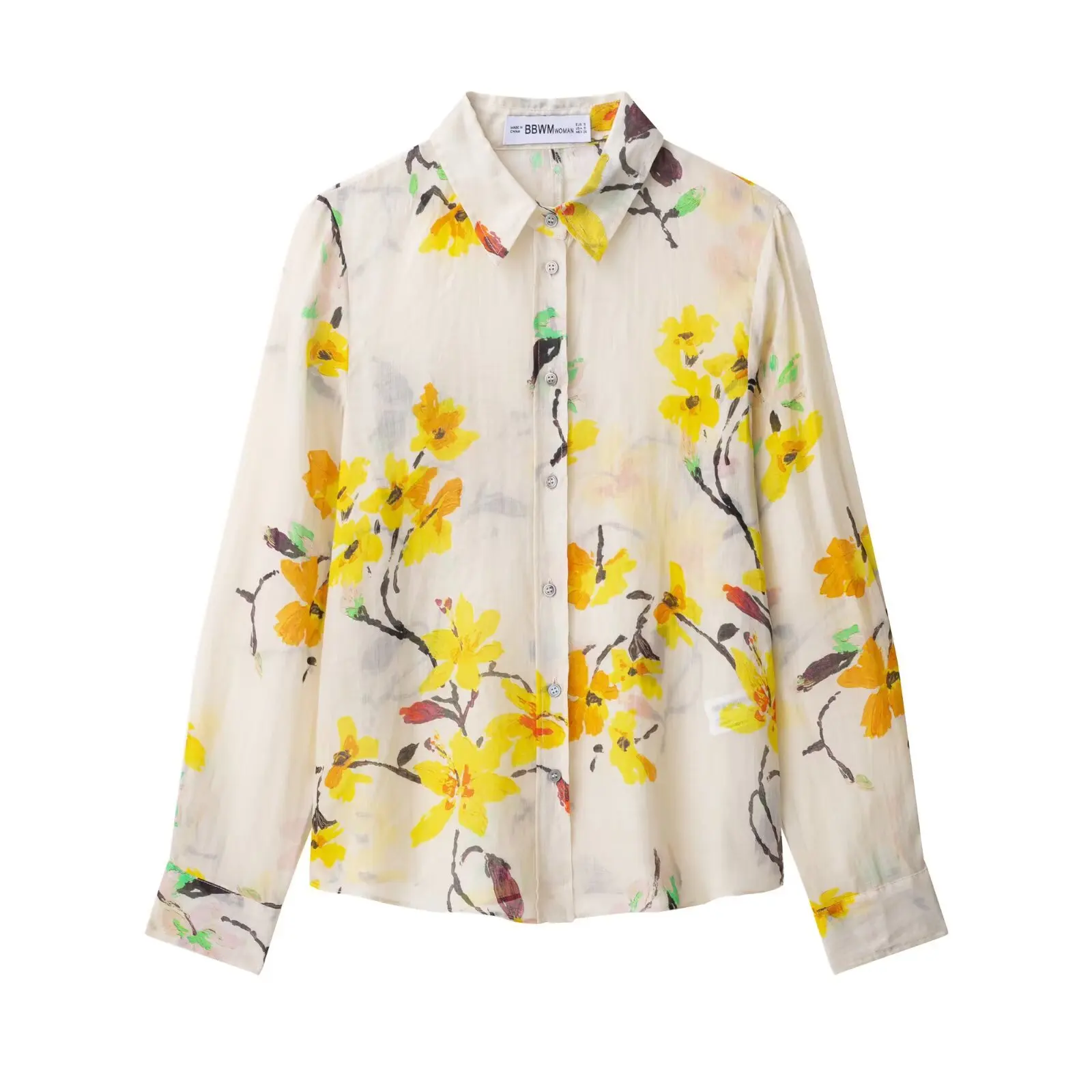 Floral Print See Through Blouse Women Lapel Collar Single Breasted Long Sleeve Shirt Autumn New Casual Fashion All-match Blouses