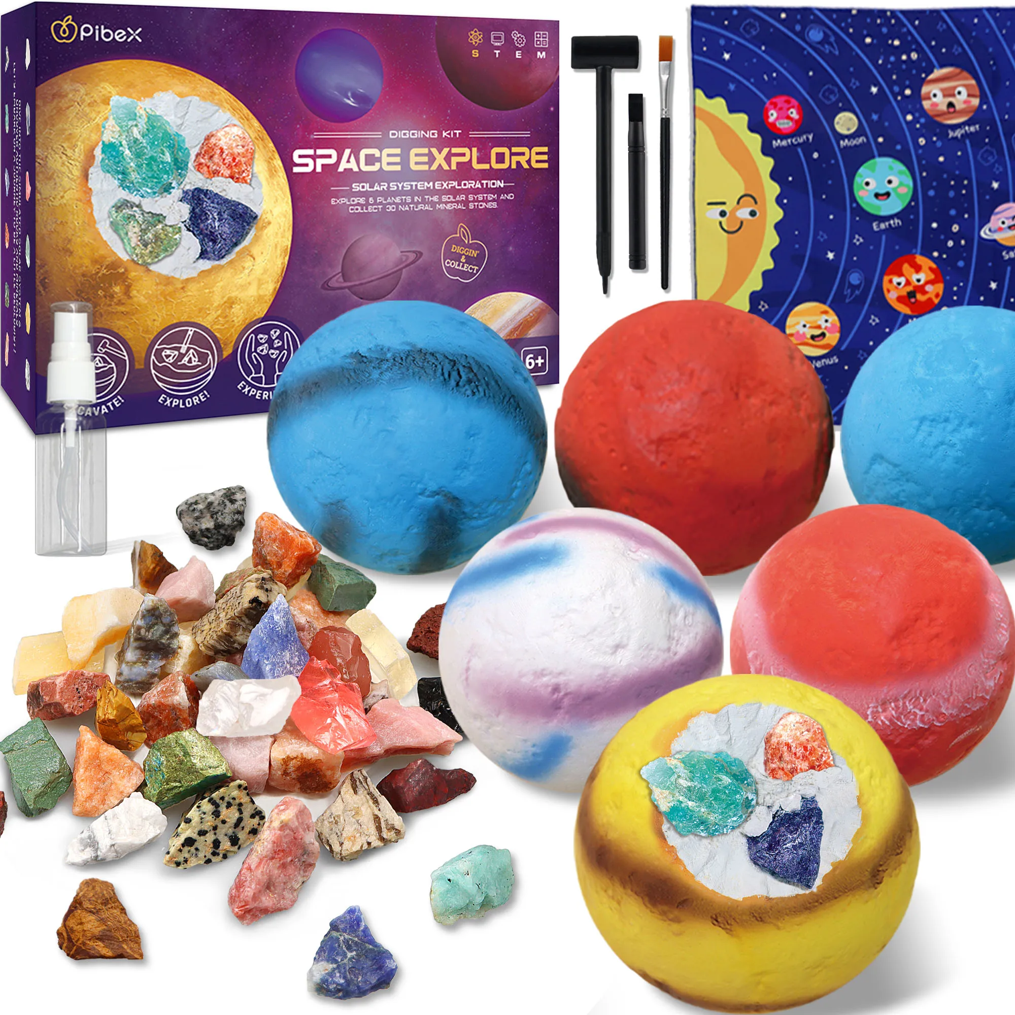 Batu permata Dig Kit, 6-IN-1 Planet menggali Set, menggali 30 batu asli, mineral & kristal, sistem surya eksplorasi Set