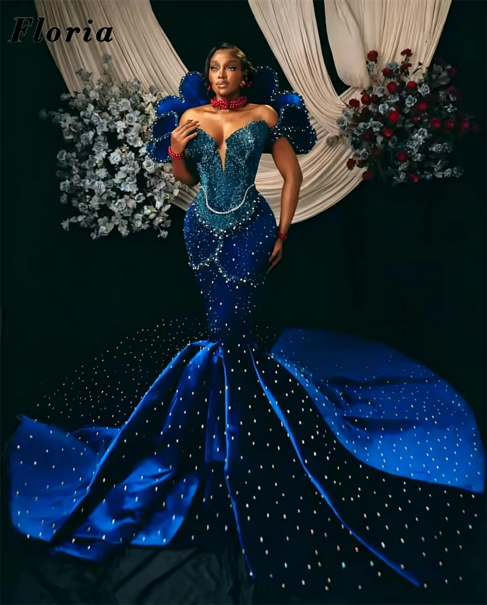 Luxurious Royal Blue Mermaid Celerity Dresses African Aso Ebi Beaded Crystals Evening Dress Wedding Party Gowns Customized Robes