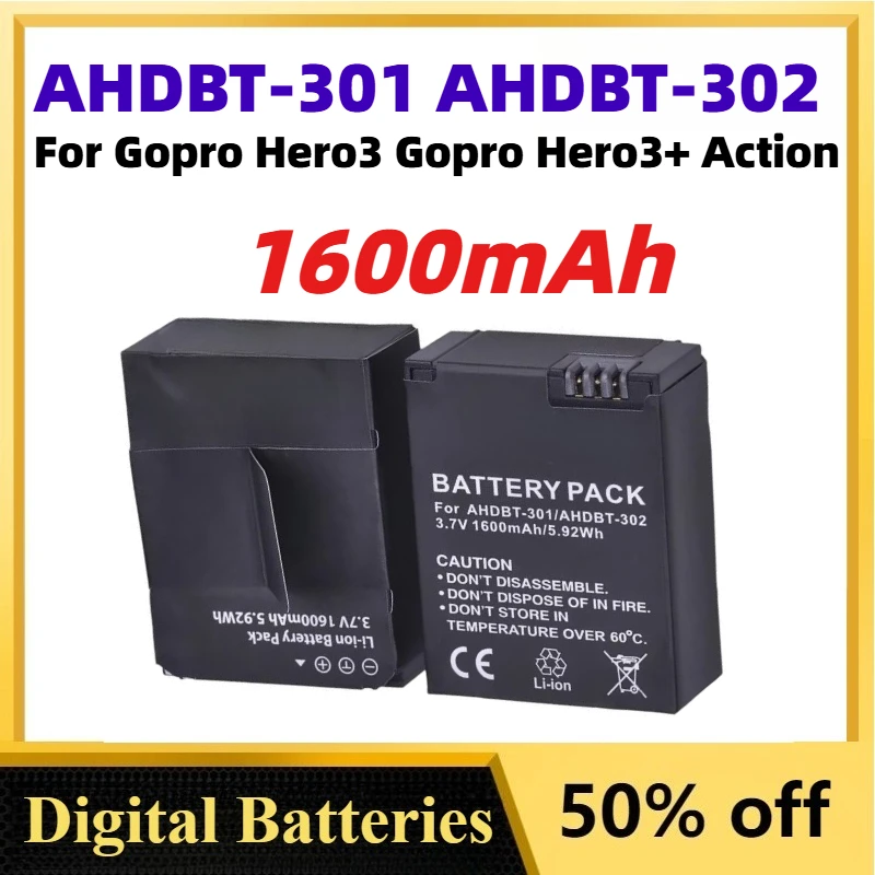 3.7V 1600mAh AHDBT-301 AHDBT-302 Lithium-ion Digital Battery for Gopro Hero3 Gopro Hero3+ Action Rechargeable Camera Batteries