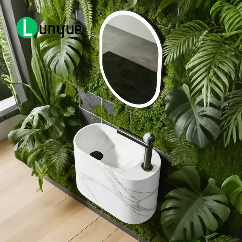 Wall Mounted Artificial Stone Basin Marble Pattern European Style Space Saving Solid Surface Washbasin For Bathroom Sink
