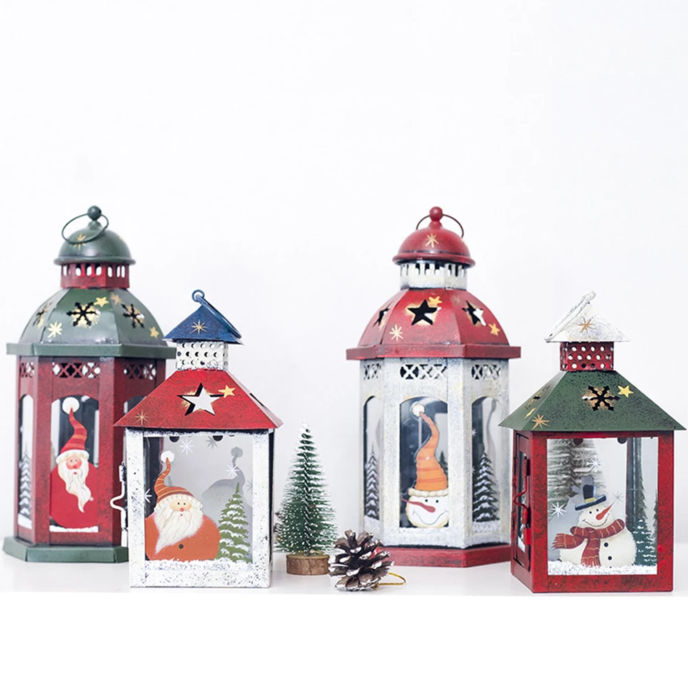 

Retro Christmas Holder Windproof Iron Lantern Candlestand Xmas Ornaments Desktop Decor Festival Gift (Red Snowman