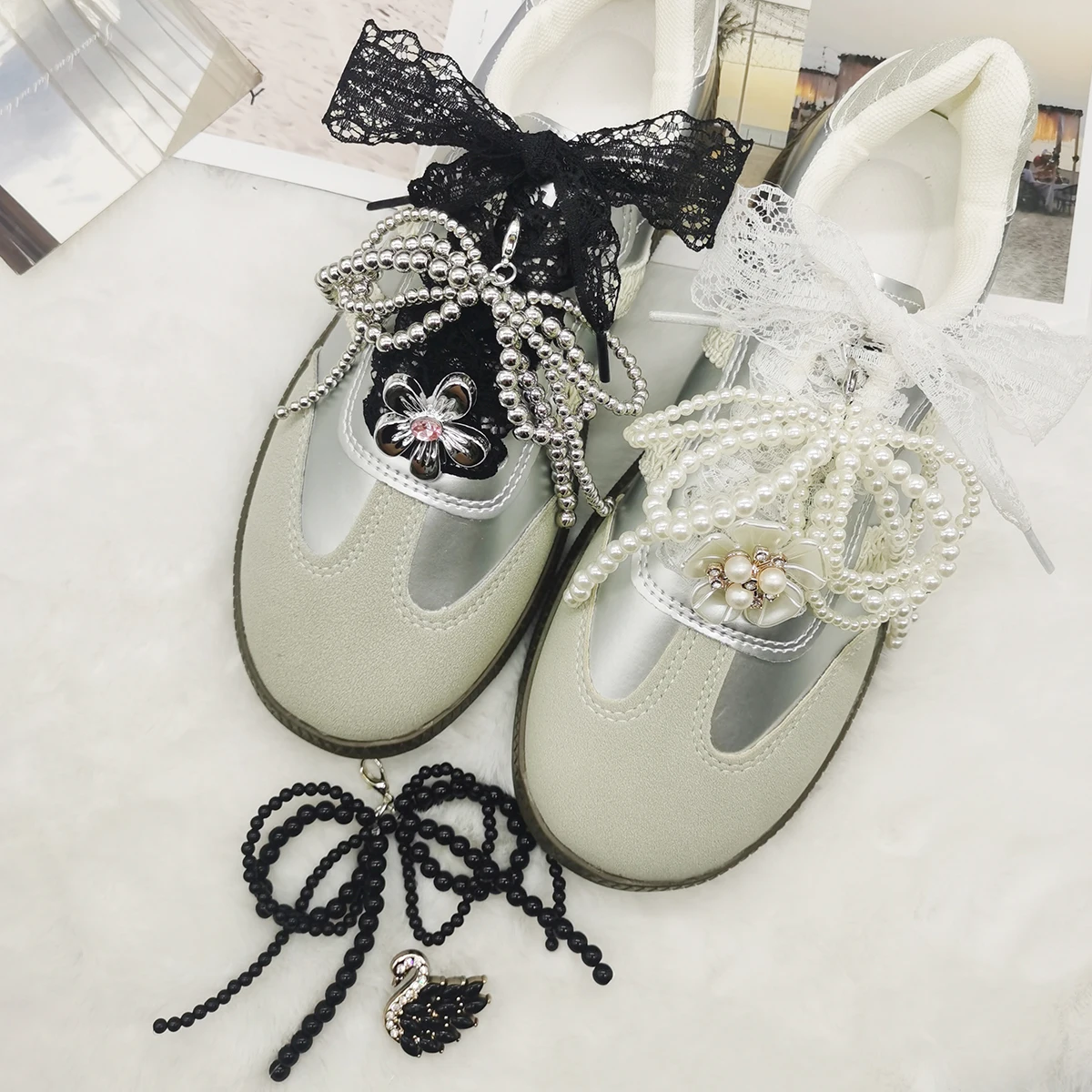 6 قطعة أربطة الحذاء الدانتيل ديكور الباروك فو اللؤلؤ القوس الأحذية المعلقات زينة زهرة رباط الحذاء مقاطع اكسسوارات سوان أبازيم الأحذية