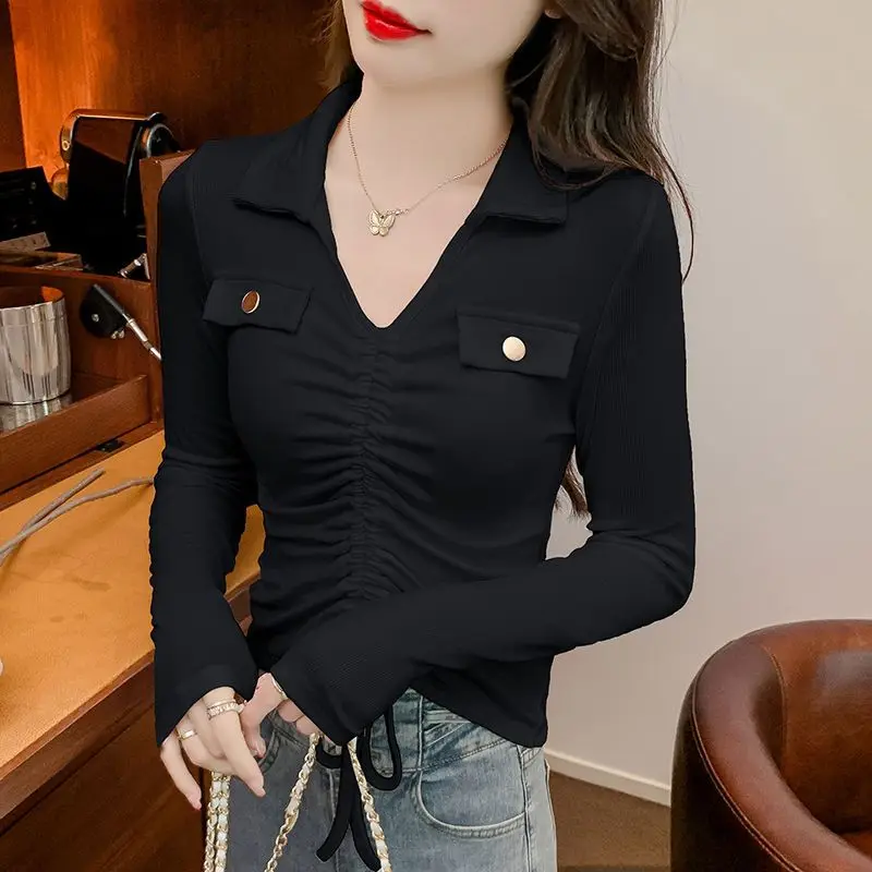 

Women’s Trendy Drawstring Long Sleeve Tee 2026 Spring Autumn Slim Fit Short Top Elegant Basic Layer Shirt for Everyday Outfits​