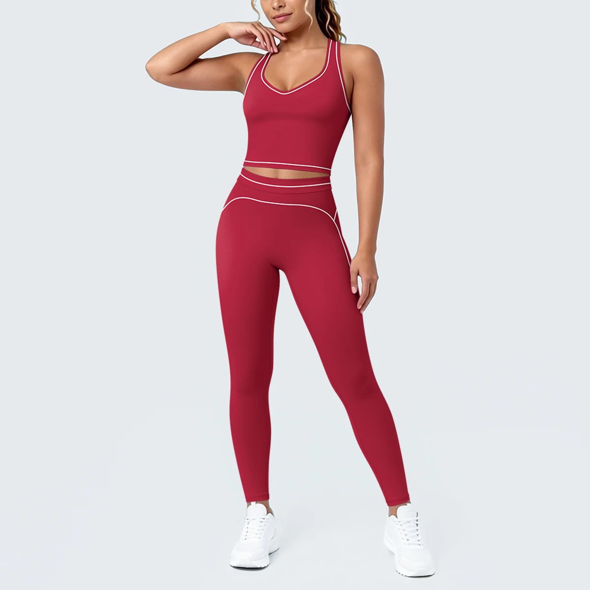 2PCS Woman Yoga Set Color Blocking Beautiful Back I-shaped Vest Shock-absorbing Running Yoga Tank Top High Waisted Fitness Pants