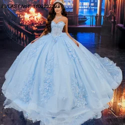 EVLAST Customized Glitter Sky Blue Quinceanera Dress Ball Gown Lace Applique Beaded Bow Corset Sweet 16 Vestido De 15 Anos E1Q82