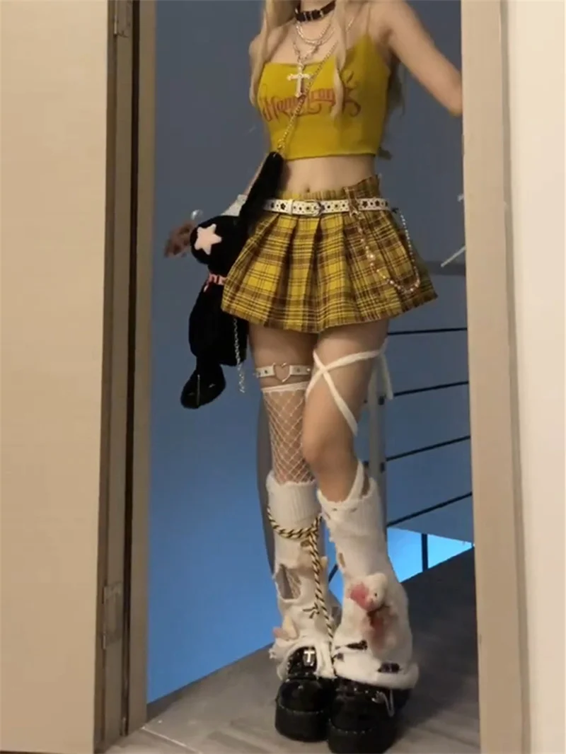 High Waist Plaid  Skirt Women's American Sle Spicy Girl Retro Gingham Skirt Autumn A-Line ort Skirt INS f-length S...