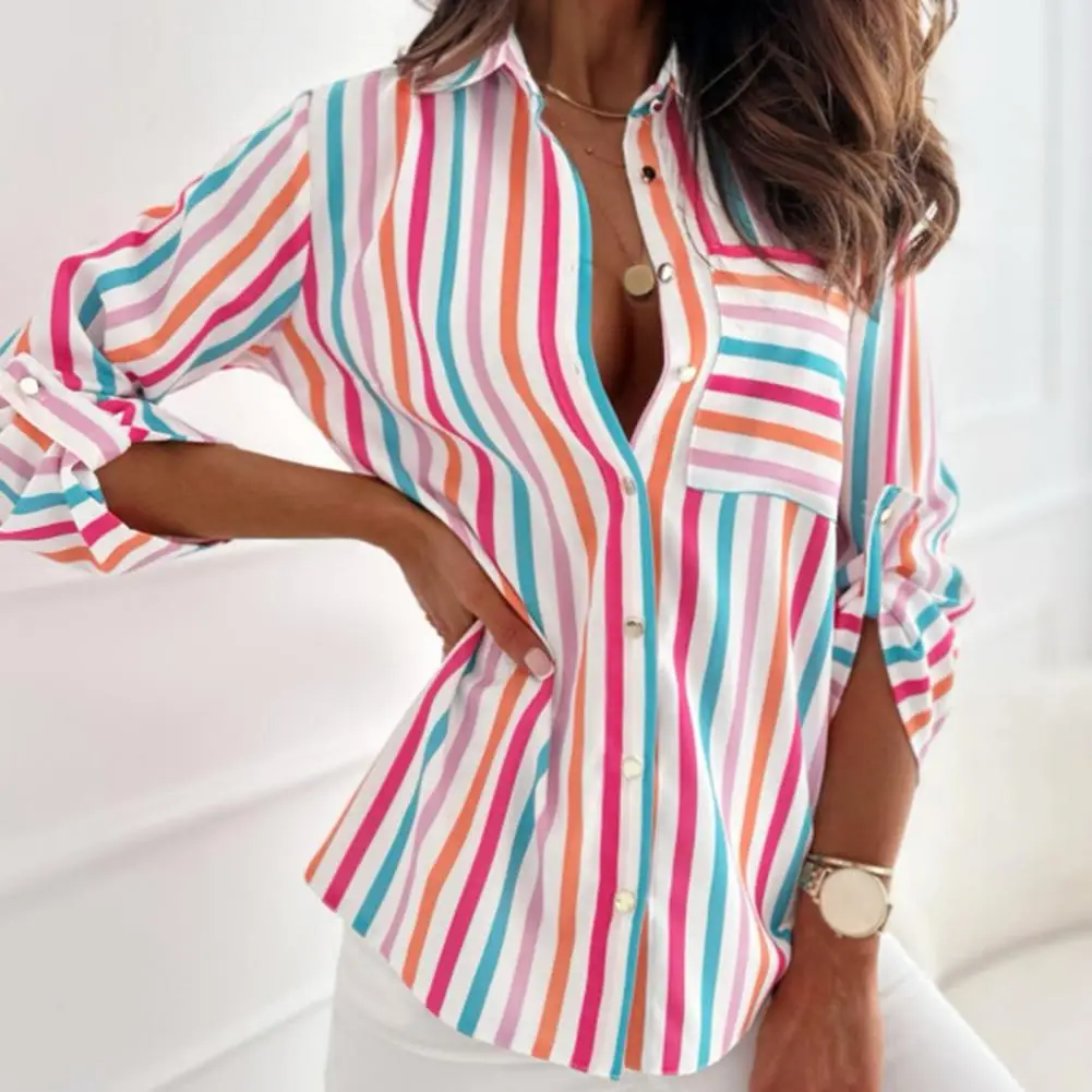 

Breathable Women Blouse Ladies Long Sleeve Shirt Chic Striped Print Lapel Shirt for Women Slim Fit Long Sleeve Workwear