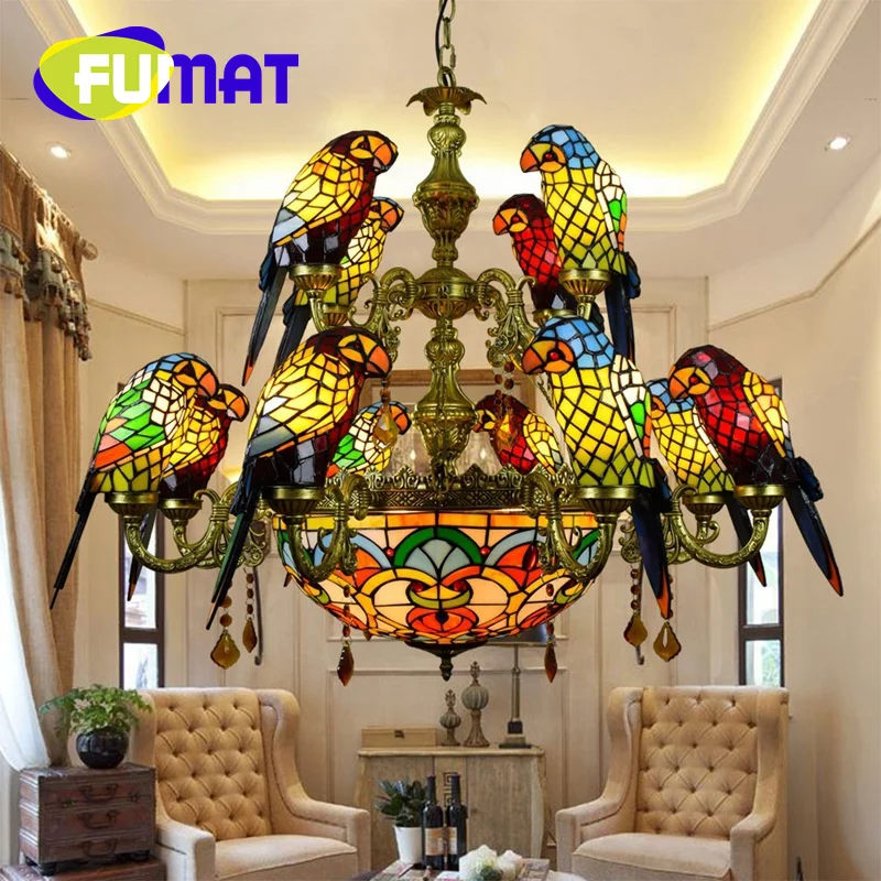 FUMAT Tiffany style stained glass vintage Bird Parrot multi-head Pendant lamp Hotel Villa living room dining hallway LED decor