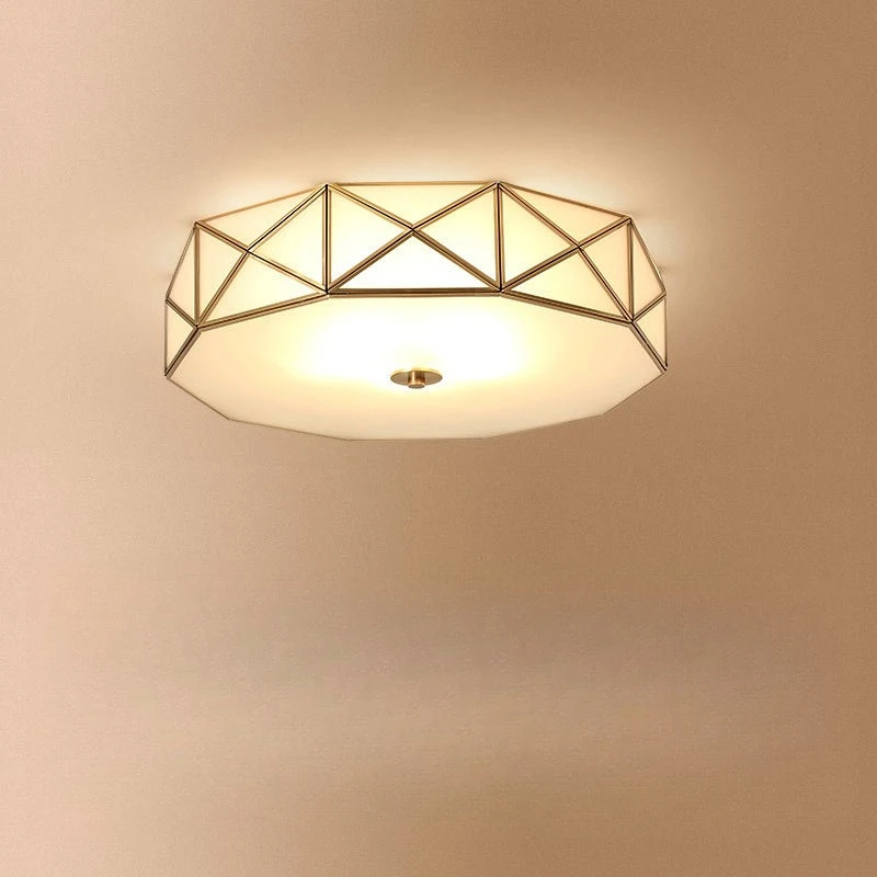 America Style Retro Real Brass Frosted Glass Foyer Led Ceiling Light Lustre Electroplated Brass Bedroom Loft Led Ceiling Lamp