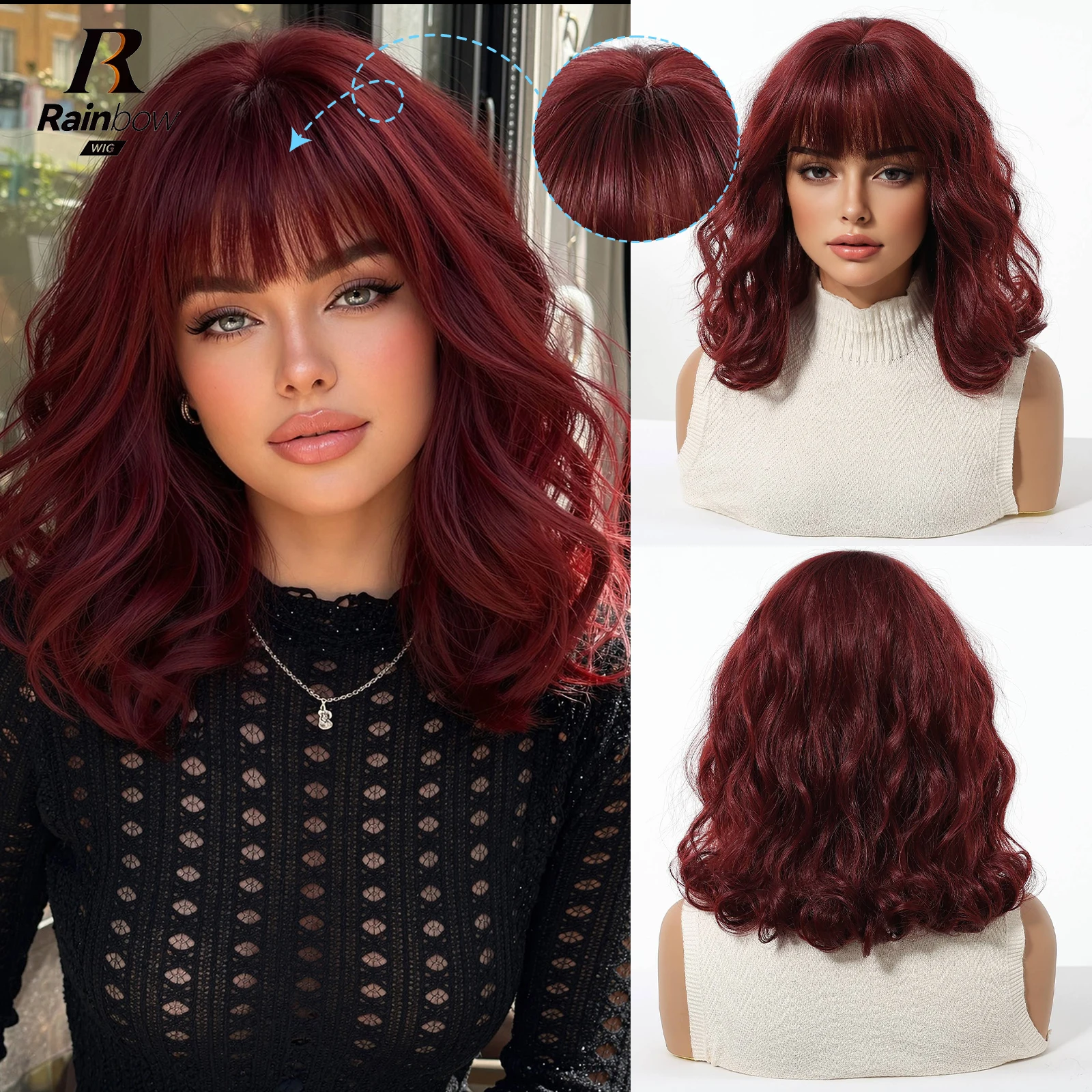 Wine Red Medium Wavy Bob Wig With Fringe Bangs Silky High Temperature Synthetic Hair Natural Hairline Lightweight Comfortable Lace Net Cap Fashion Ladies Daily Wig