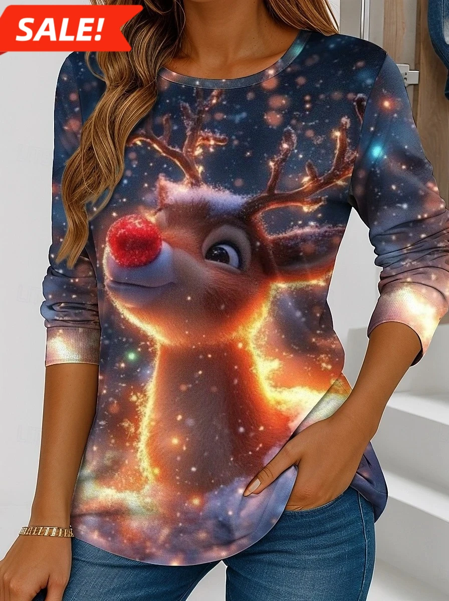 Women's Christmas Long Sleeve Santa Reindeer Snowflake Print Sage Green Crew Neck Winter Holiday Casual Tops Y2K Streetwear