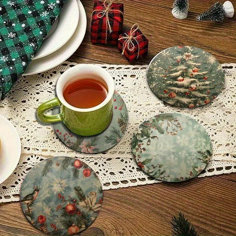 2D Retro Christmas Atmosphere 6PCS Wooden Coaster Home Decor Restaurant Bar Coffee Shop Decor Party Seasonal Festive Decor