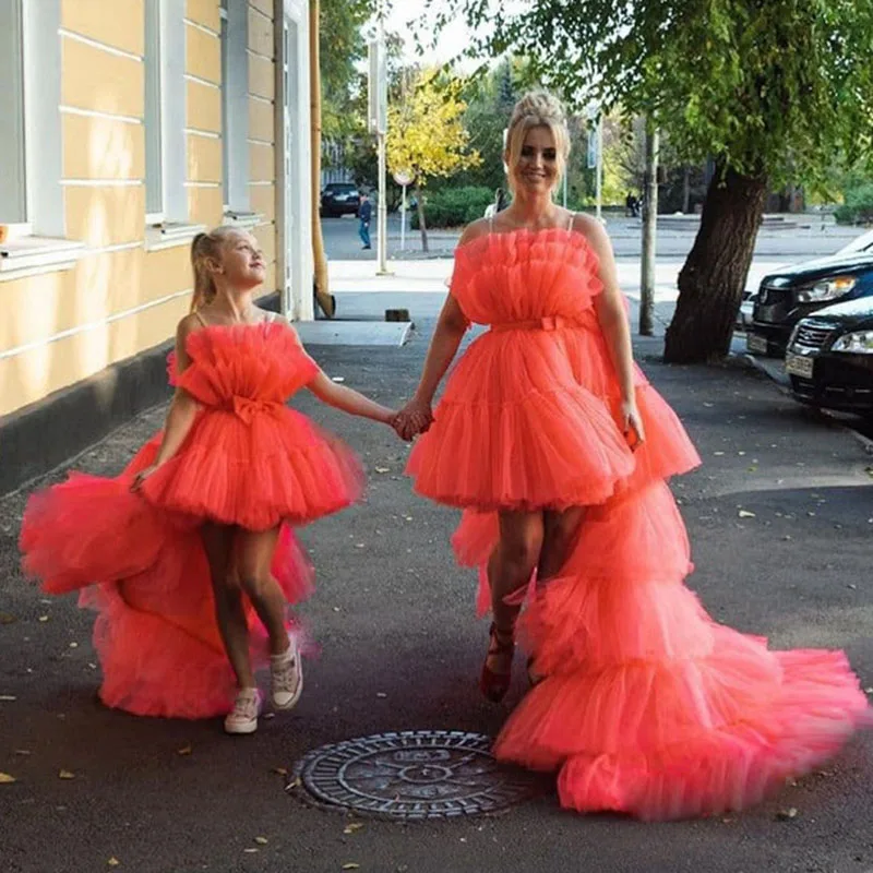 

Hot Pink Mother And Kids Tulle Dress Strapless Long Train Extra Puffy Mom And Daugher Tutu Birthday Gowns For Photo Shoot