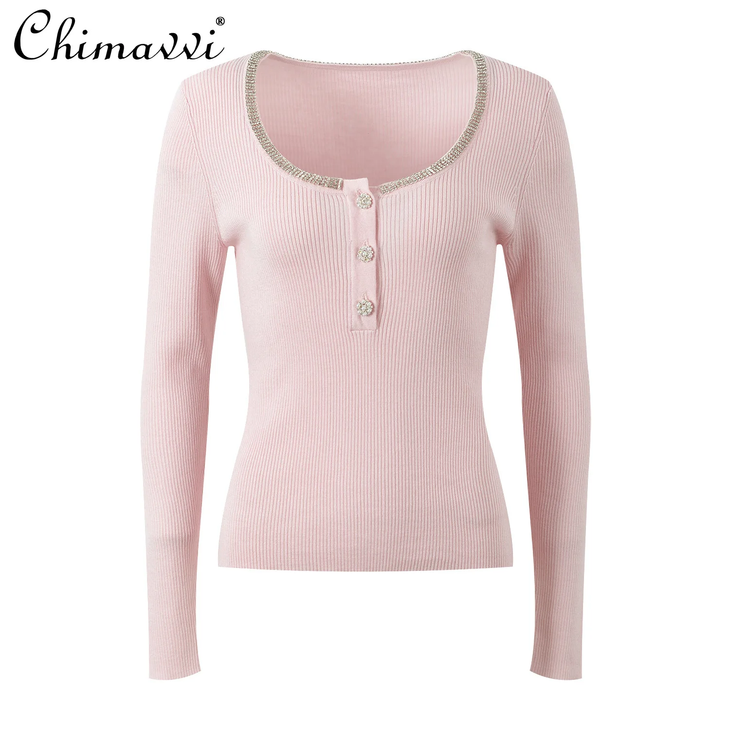 

French Light Luxury Neckline Heavy Industry Diamond Jewelry Knitted Top Autumn and Winter New Fashion Slim Temperament Sweater