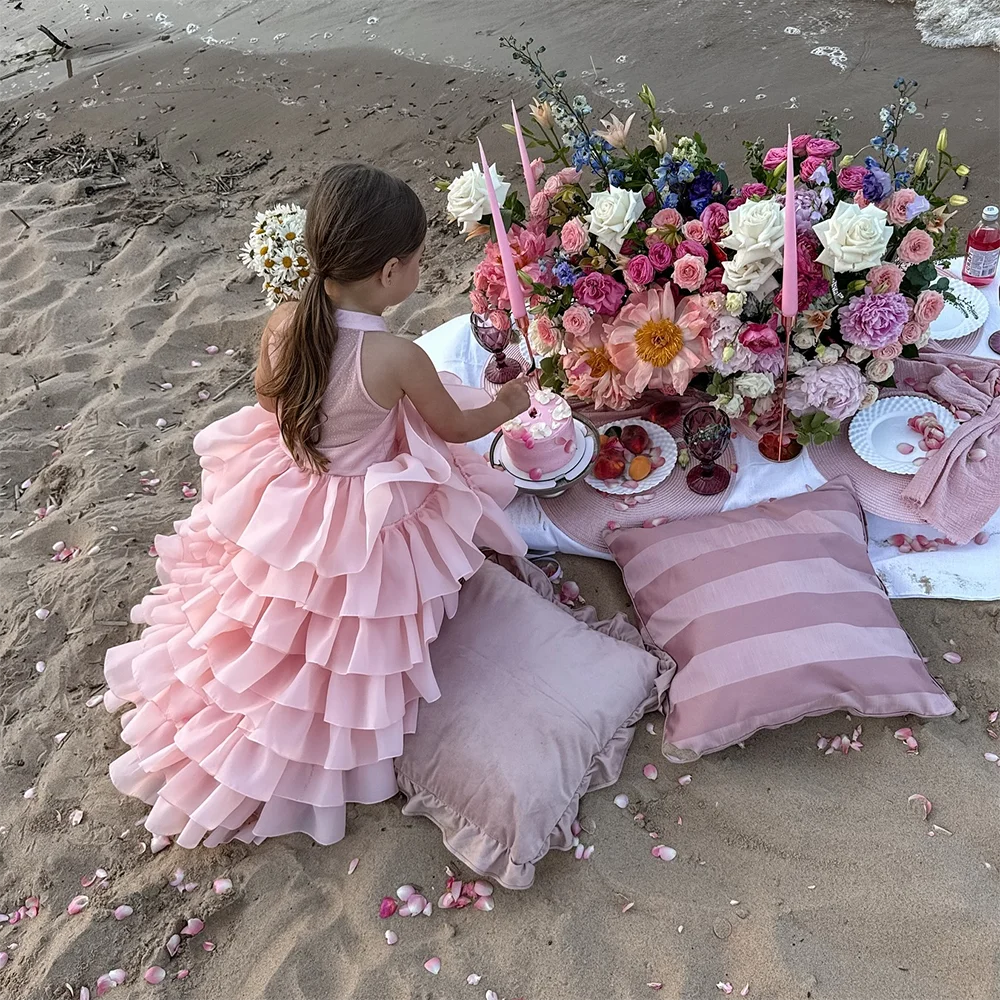 Prinses bloemenmeisjesjurk voor bruiloft lichtroze gelaagde ruches mouwloos kind eerste eucharistische verjaardagsfeestjurk