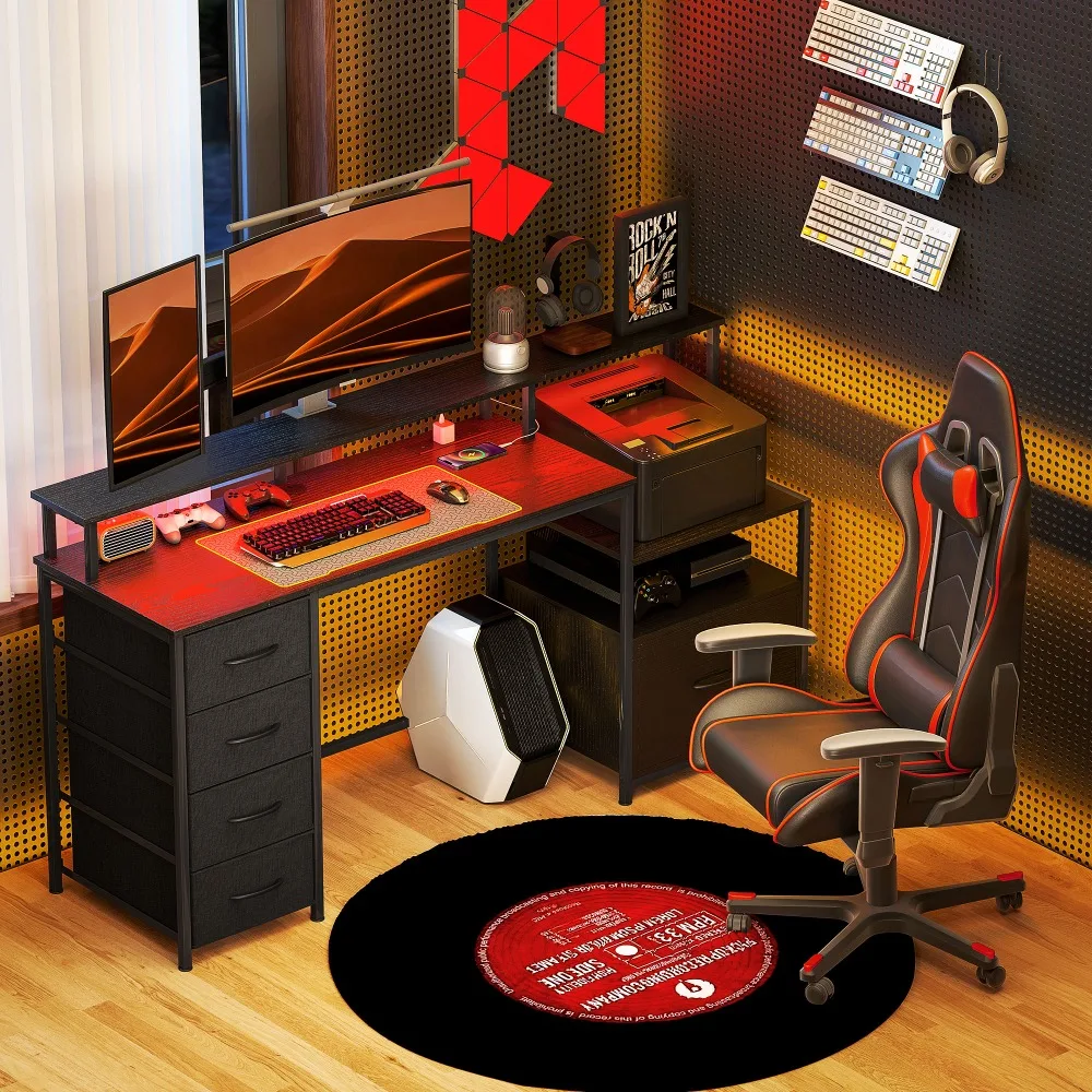 

Modern Ergonomic Office Desk with Built-In Charging Station, RGB LED Lighting & 4-Tier Storage – Distressed Black Finish