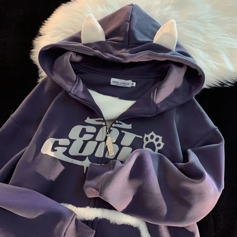 Sudadera con capucha de demonio para mujer, suéter con diseño de orejas de gato, sudadera suelta Coreana de felpa, sudadera con cremallera, y2k,