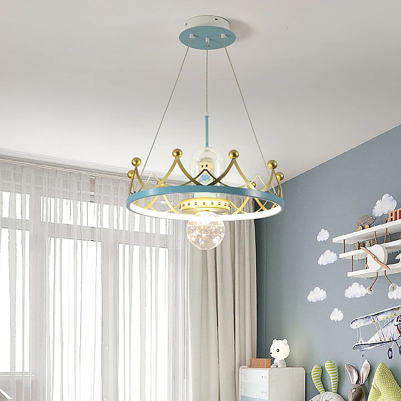 Princess Crown Chandelier Starry Night Light Dimming Star Pendant Children Princess Room Bedroom Study Ceiling Lamp Rome Decor