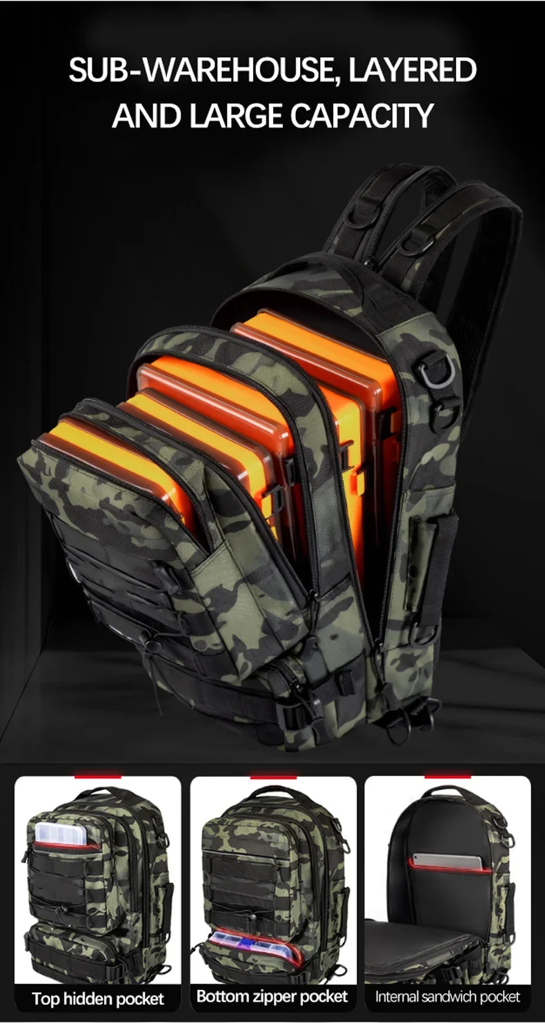 Angelrucksack Aufbewahrungstasche Herren Outdoor Schulter-Hängetasche für Angelköder und Ausrüstung mit Rutenhalter Camping Jagd – Detail 7