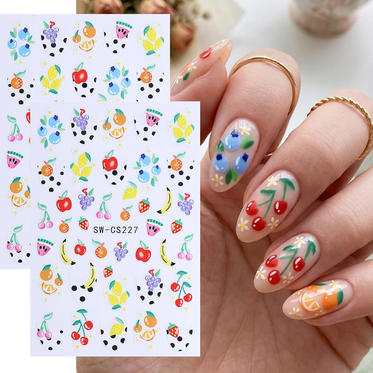 2pcs Summer Fruits Nail Art Stickers Blueberry Lemon Cherry Bohemian Floral Patterns Nail Decals DIY Manicure Decorations Slider