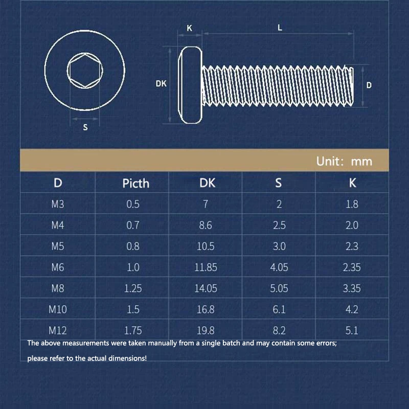 M2 M2.5 M3 M4 M5 M6 M8 M10 M12 304 Stainless Steel Chamfered Hexagon Socket Screws Beveled Edge Furniture Screws Connecting Bolt