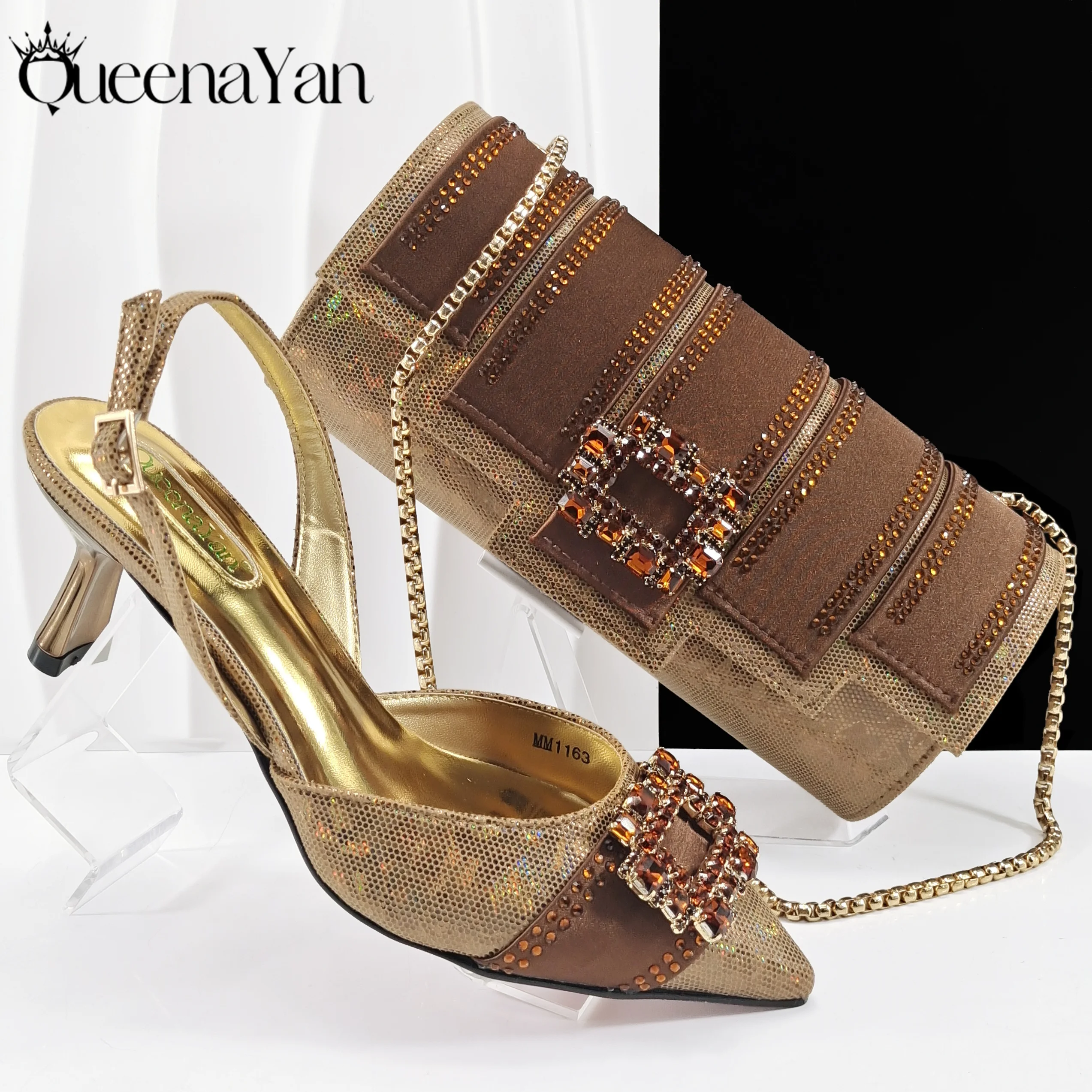 

Queena Yan Hot Selling Rhinestone and Metal Decoration Design Party Wedding Pointed Toe Shoes and Bag Set in Gold Color