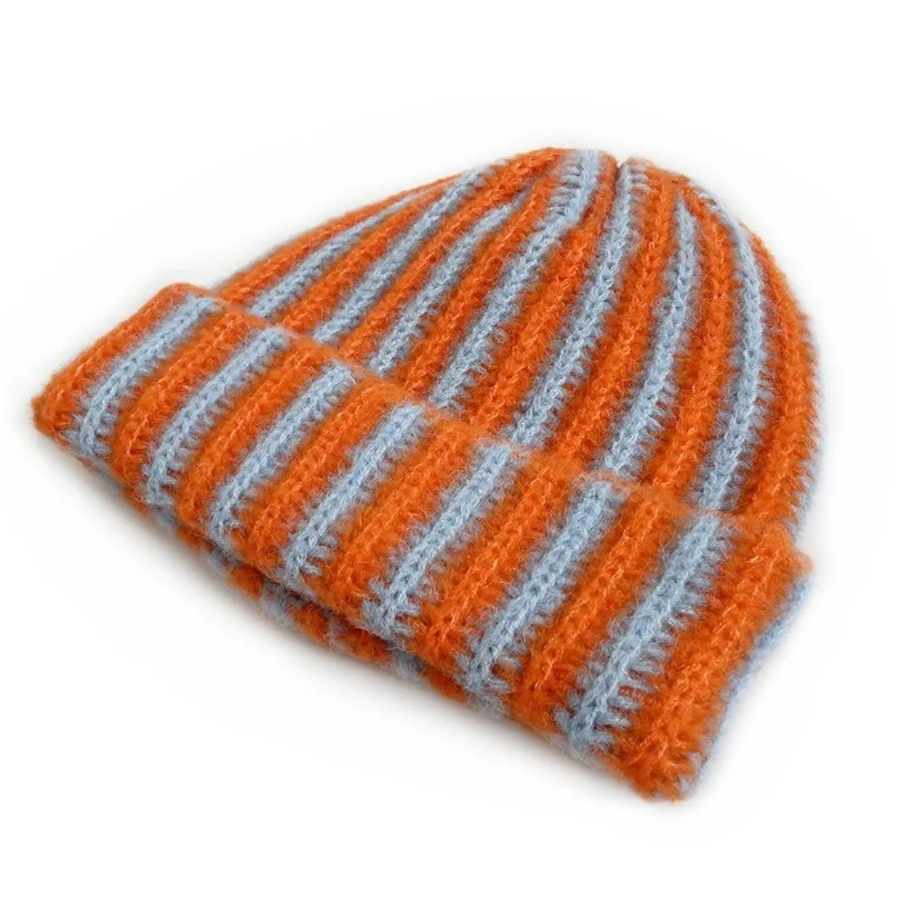 Brimless Color Blocked Striped Beanie Hat Soft Thick Ribbed Knit Cap Windproof Thermal Warm Hat Cycling