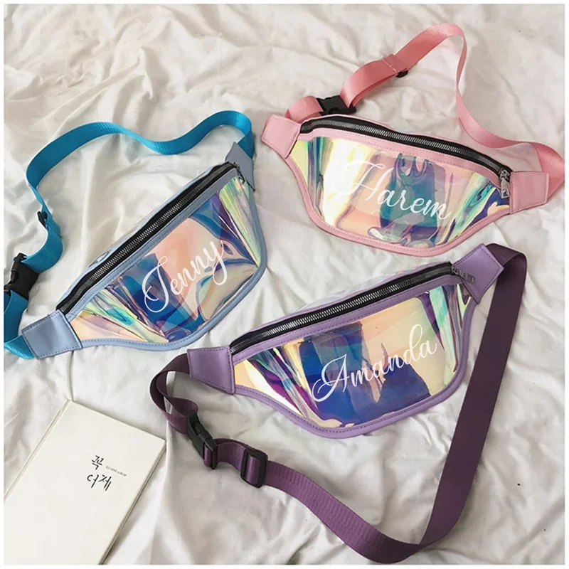 Personalized Holographic Sports Fanny Pack Laser Phone Pouch For travel PU Waterproof Zip Small Bag Beach Travel Waist Bags