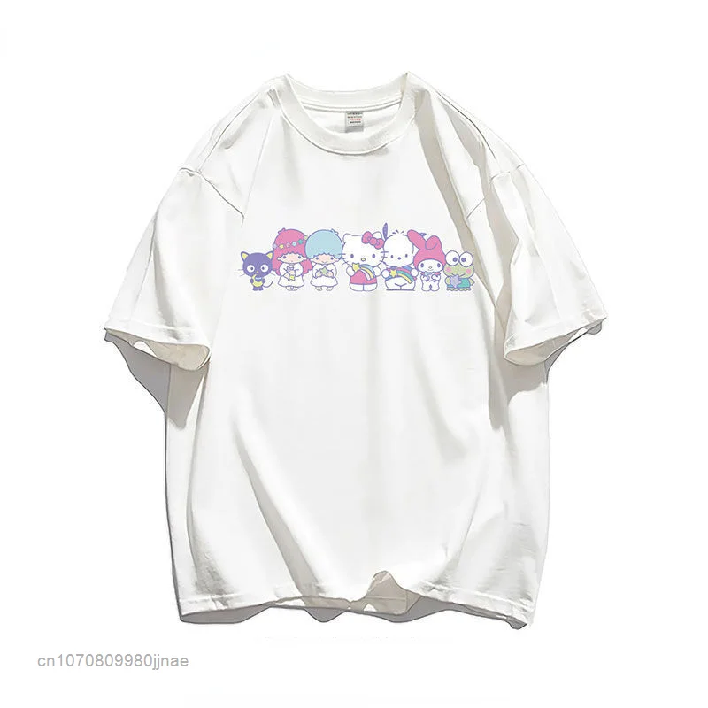 Hello Kitty Kuromi Cinnamoroll Kawaii Cartoon Fashion Casual Oversize Summer T Shirt For Girl Pochacco PomPom Purin Cotton Shirt