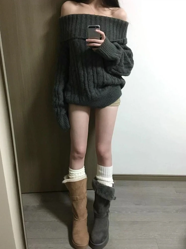 French Design Grey Off Shoulder Knitted Sweater Women Oversized Chic Solid Outerwear Y2k Tops Fashion Korean Popular Clothes New