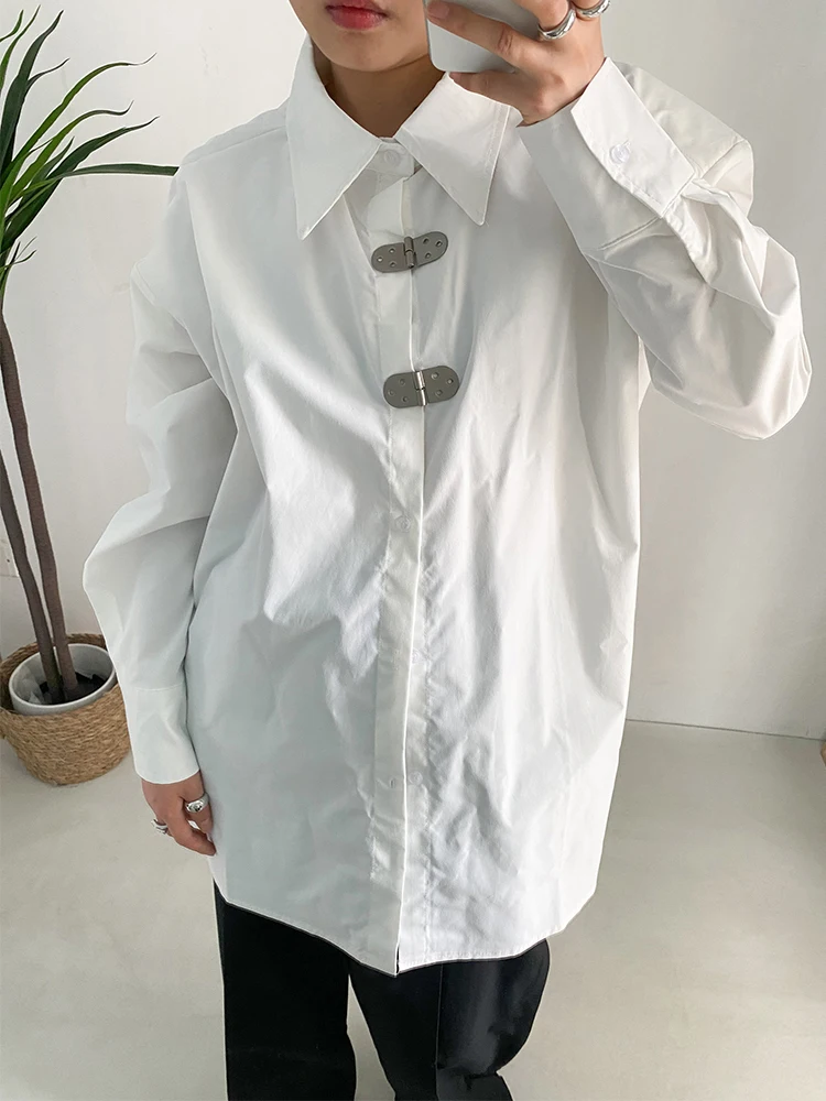 [EAM] Women White Shaped Big Size Casual Blouse New Lapel Long Sleeve Loose Fit Shirt Fashion Tide Spring Autumn 2024 1DF1136