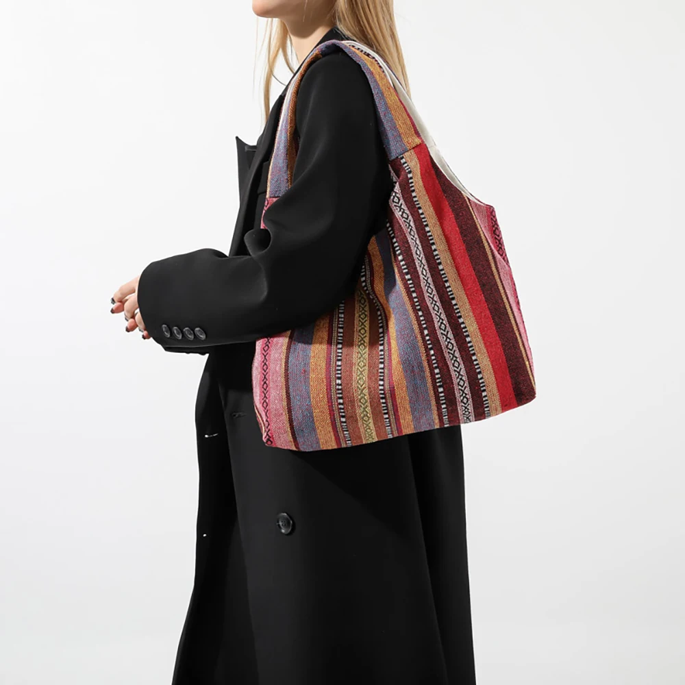 Trend Rainbow Striped Canvas Shoulder Bags Women Large Capacity Casual Totes Bag Bohemian Ethnic Style Underarm Shoulder Bag