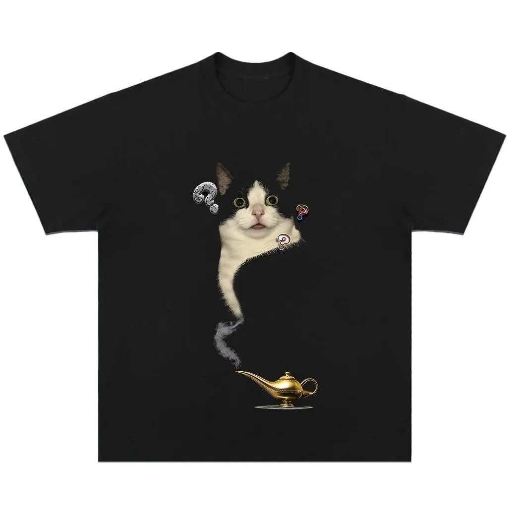 

European and American New Fun Cat Magic Lamp Printed Loose Casual Slim Couple T-Shirt Fashion Cotton Large Size Short Sleeve