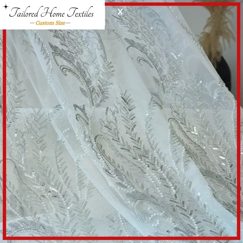 

European Relief Embroidered Pearls Luxury White Tulle Sheer Curtains For Living Room Bedroom Dining Window Decor Custom Elegant