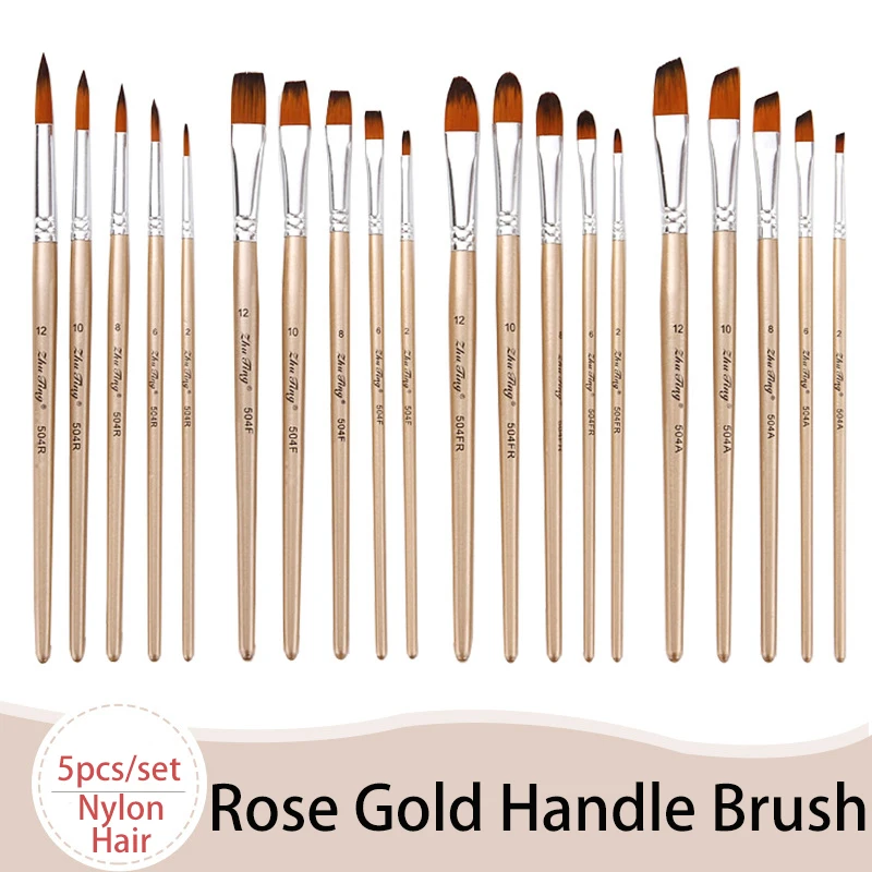 5pcs Professional Rose Gold Watercolor Paint Brushes Set Nylon Round Flat Angular Filbert Painting Brush for Beginner & Artists