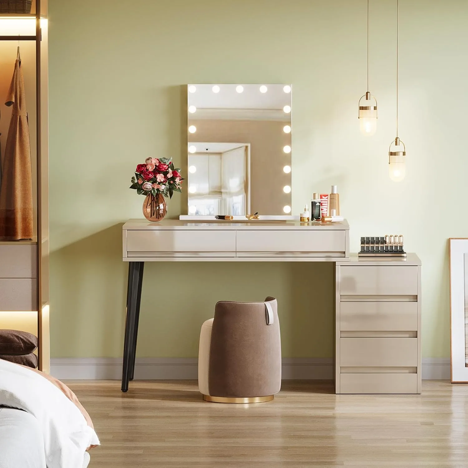 

Vanity Desk with 5 Drawers, High Gloss Makeup Table with Reversible Drawer Cabinet Printer Stand (Without Mirrors)