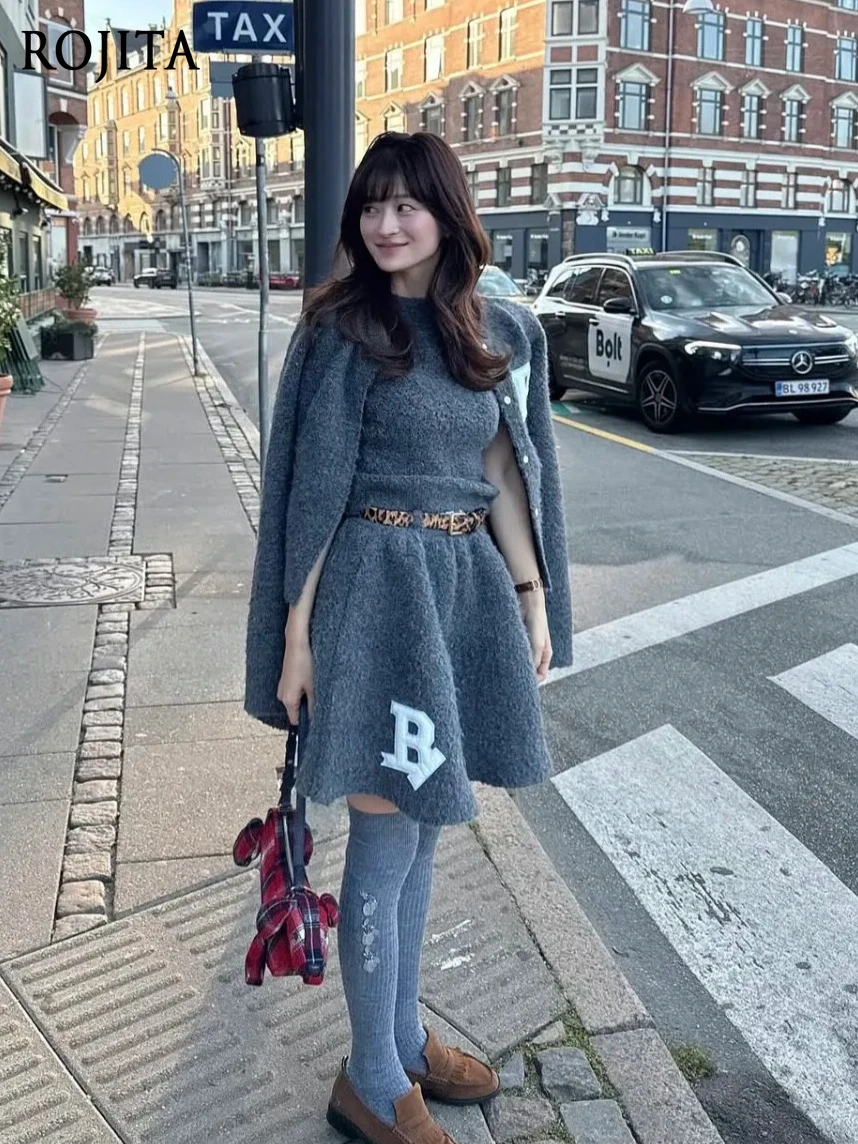 

Japanese Style Embroidered Skirt Kawaii Sweet Girl Mini Skirt Varsity Style Knit Cardigan Letter Patch Cropped Sweater