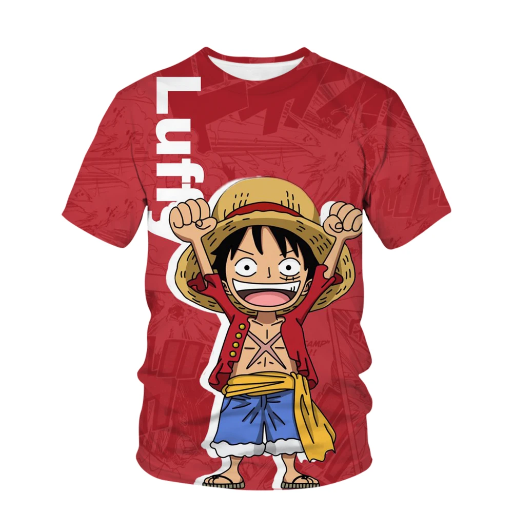 T-shirt infantil Luffy 3D estampada, blusa de meninos e meninas, manga curta, série One Piece, verão, 2024