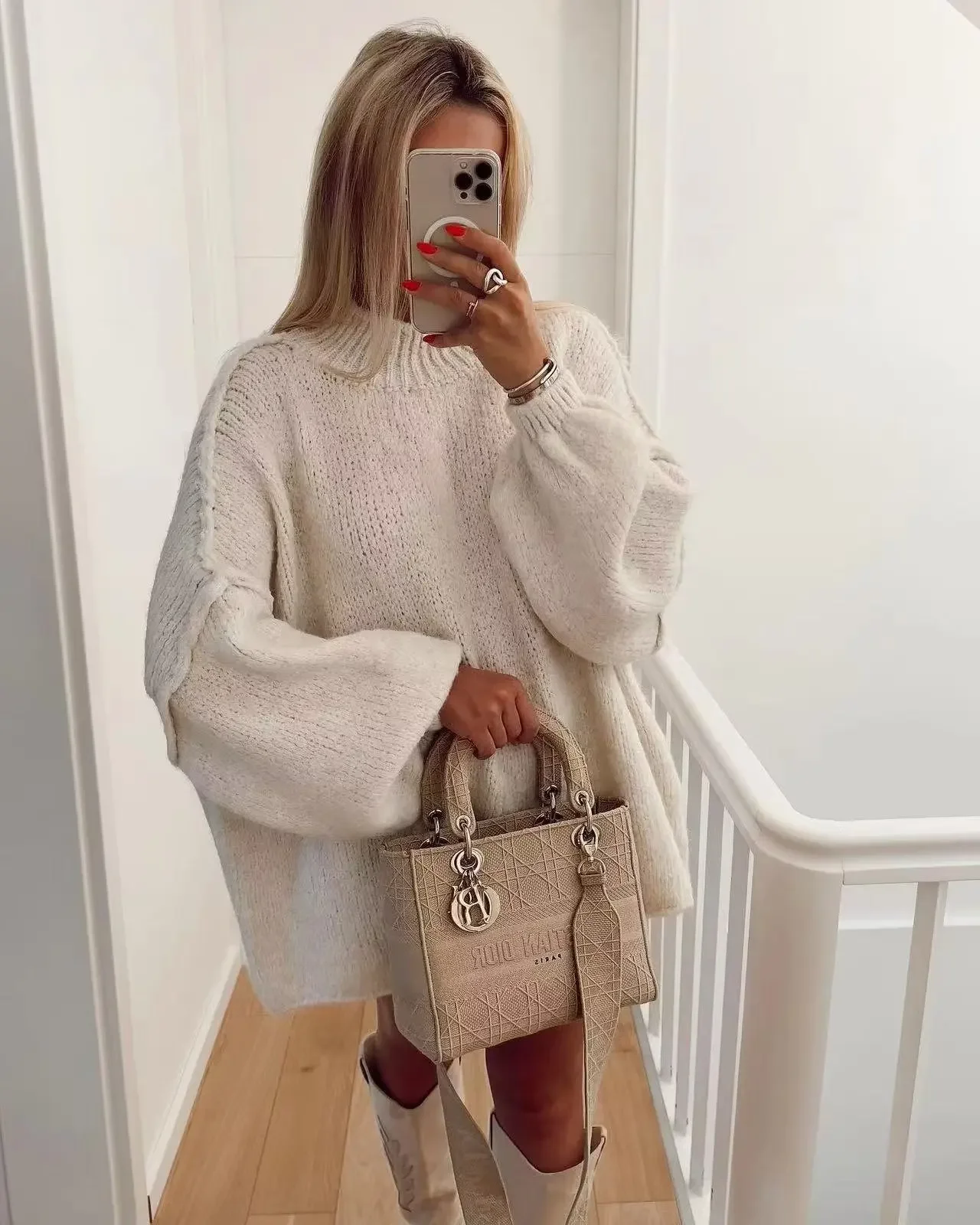 Women Loose Long Lantern Sleeve Pullover Elegant O-neck Thick Knitted Sweater 2023 Autumn Fashion Solid Casual Street Lady Top