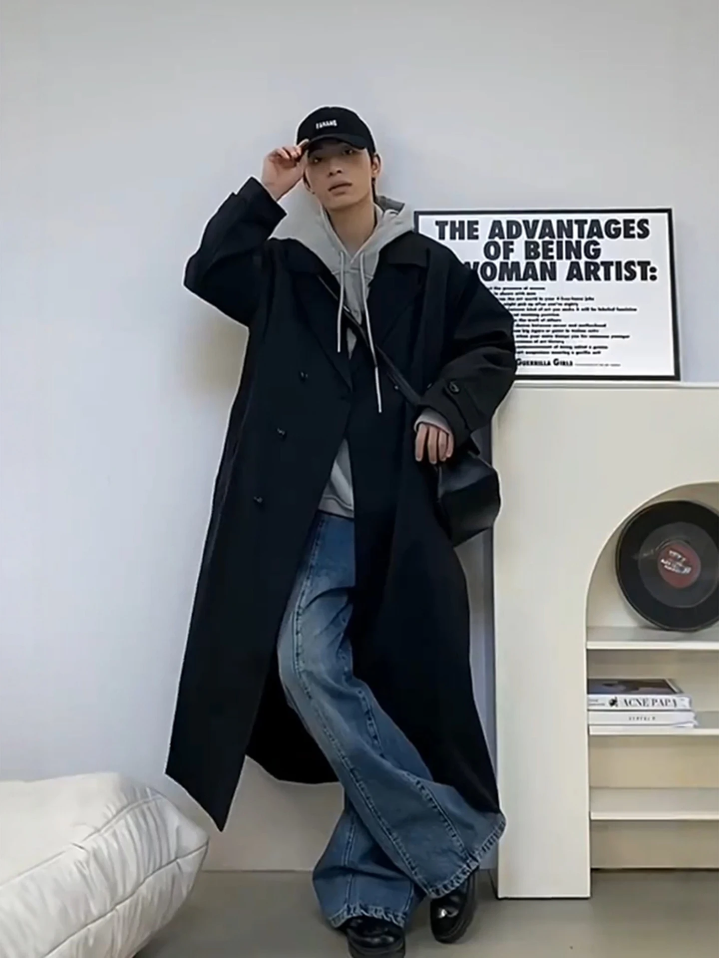 

Bla Briti Korean Sle Windbreaker Double Row Button Long Coat ex Autumn Wear Retro Japanese Sle Couple Jaet