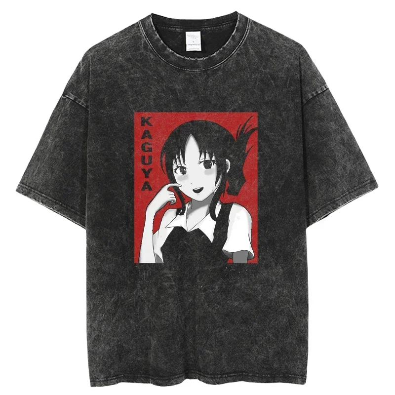 Oversized Streetwear Manga Short Sleeve Tops Tees Kaguya Love is War Harajuku Anime T-shirts Vintage Washed Graphic T-shirts